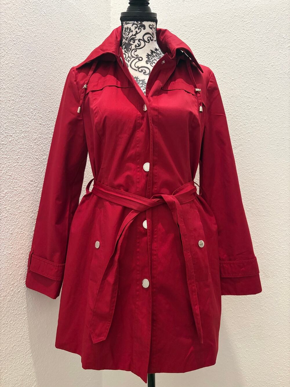 London Fog Women’s Small Red Hooded Trench Rain Coat Belted Jacket